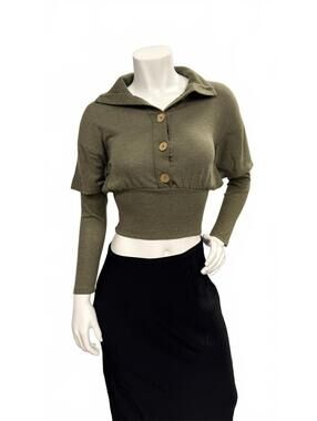 Ginger G Olive Green Crop Top Button Front Layered Look Long Sleeve